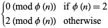 {0 (mod phi(n)) if phi(n)=2; 2 (mod phi(n)) otherwise