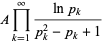 Aproduct_(k=1)^(infty)(lnp_k)/(p_k^2-p_k+1)