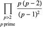 product_(p>2; p prime)(p(p-2))/((p-1)^2)