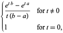 {(e^(tb)-e^(ta))/(t(b-a)) for t!=0; 1 for t=0,