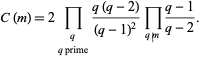  C(m)=2product_(q; q prime)(q(q-2))/((q-1)^2)product_(q|m)(q-1)/(q-2). 