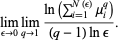 lim_(epsilon->0)lim_(q->1)(ln(sum_(i=1)^(N(epsilon))mu_i^q))/((q-1)lnepsilon).