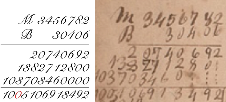 A modern transcription beside Abraham Lincoln's handwritten multiplication, Plimpton 089.001, Rare Book and Manuscript Library, Columbia University