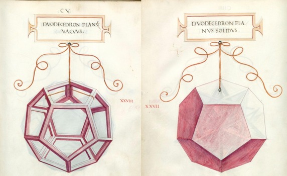 Leonardo da Vinci's skeletal and solid dodecahedra for Pacioli's {De divina proportione}.