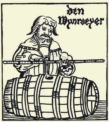 A 17th-century wine gauger with a measuring rod and barrel