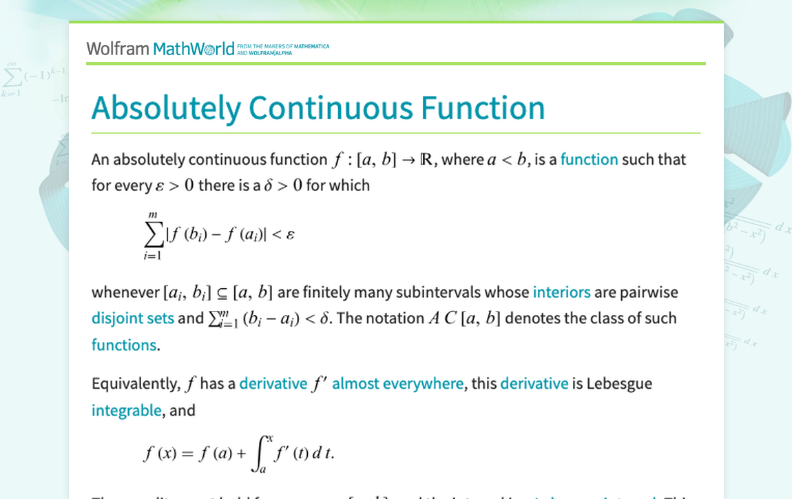 Absolutely Continuous Function -- from Wolfram MathWorld