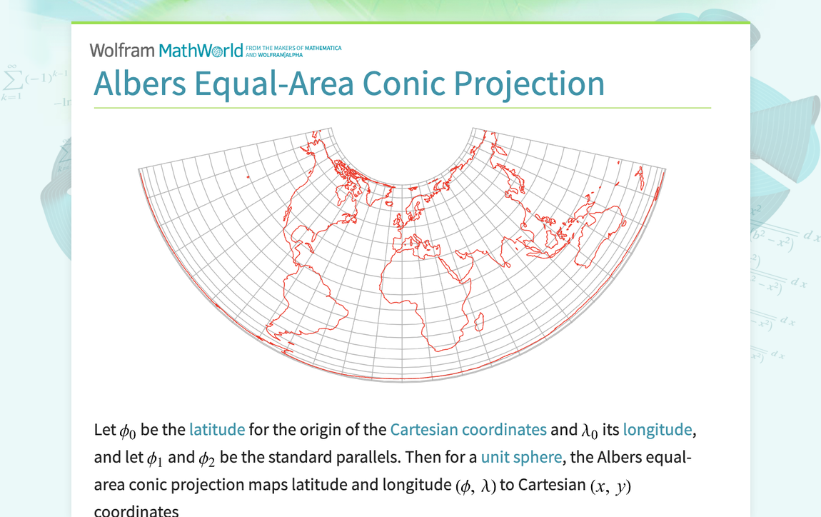 Albers Equal-Area Conic Projection -- from Wolfram MathWorld