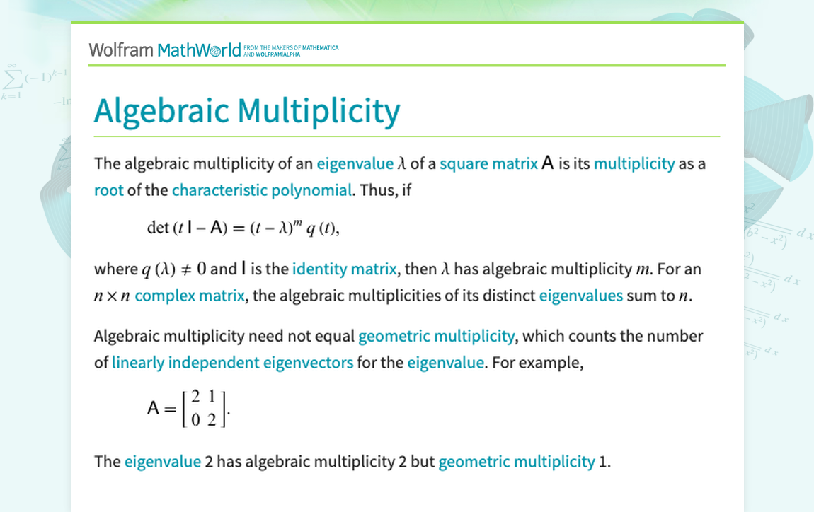 Linear Characteristics Math Algebraic Multiplicity -- from Wolfram MathWorld