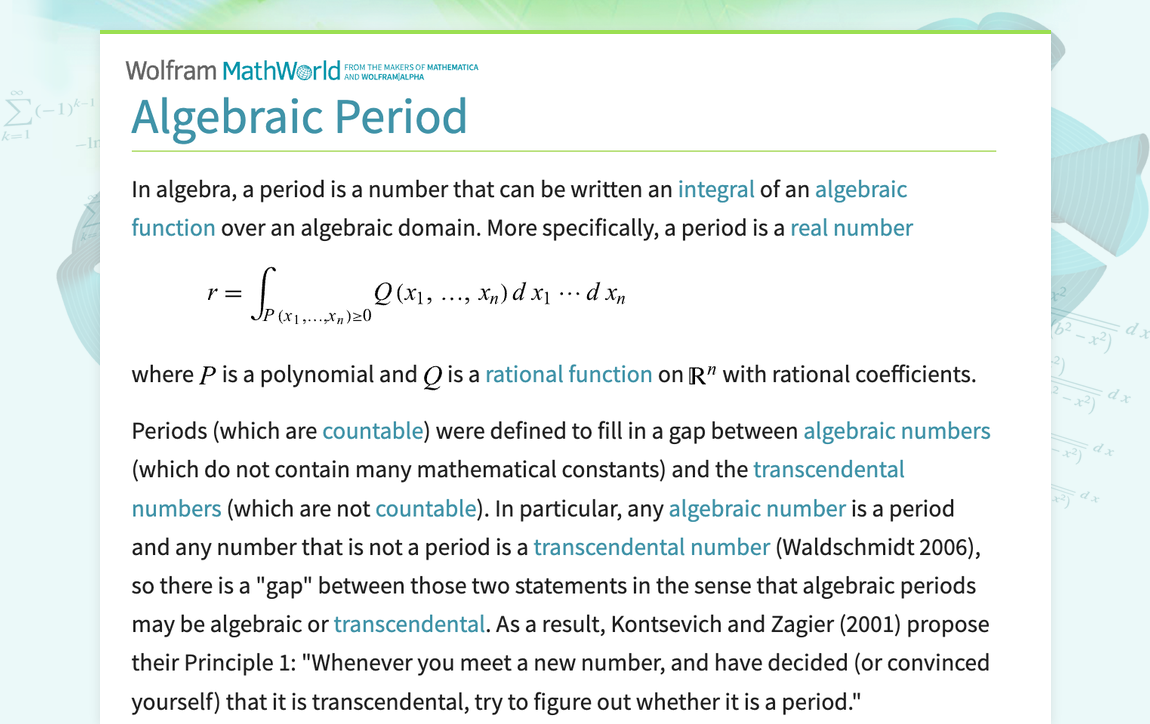 Algebraic Period from Wolfram MathWorld
