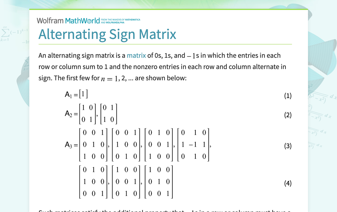 Alternating Sign Matrix -- from Wolfram MathWorld