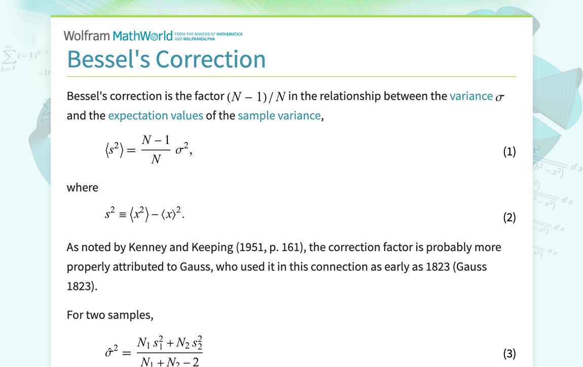 Bessel's Correction -- from Wolfram MathWorld