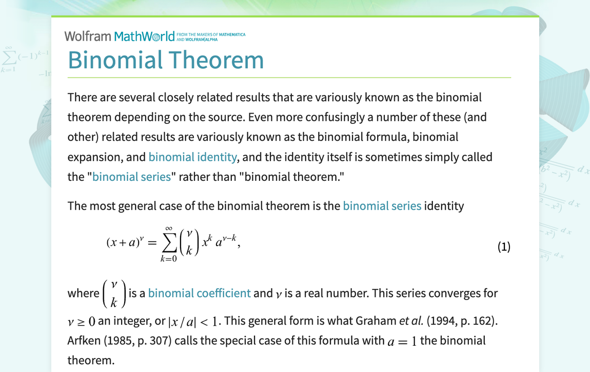 Binomial Theorem -- From Wolfram MathWorld