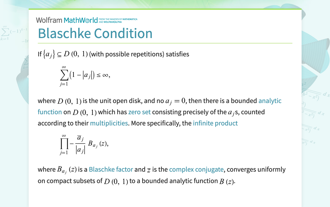 Blaschke Condition -- from Wolfram MathWorld Blaschke Condition -- from Wolfram MathWorld