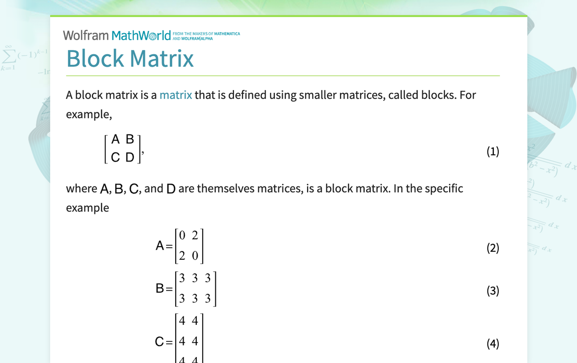 Block Matrix -- from Wolfram MathWorld