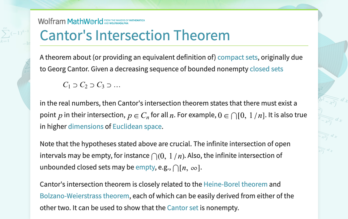 Cantor's Intersection Theorem -- from Wolfram MathWorld