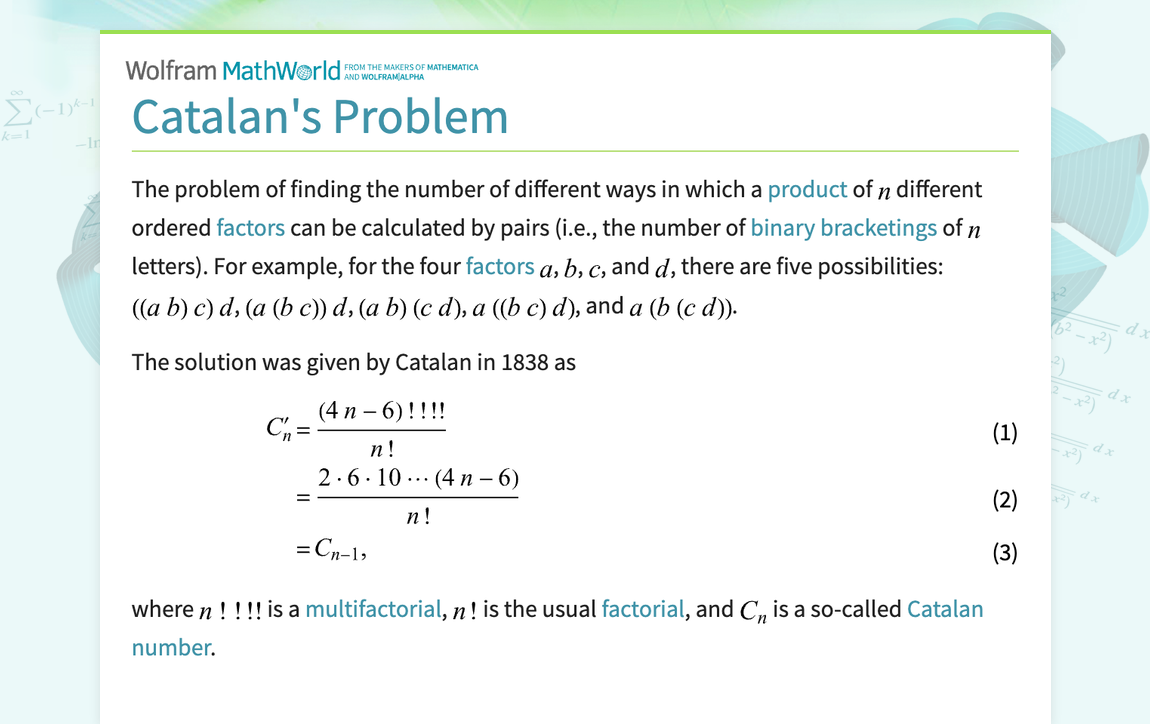 Catalan's Problem -- from Wolfram MathWorld