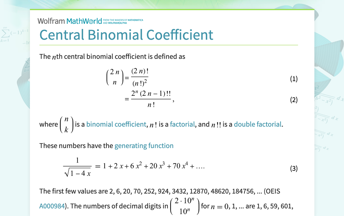 Central Binomial Coefficient -- From Wolfram MathWorld