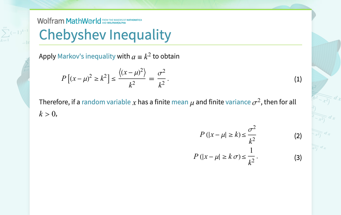 Chebyshev Inequality -- from Wolfram MathWorld