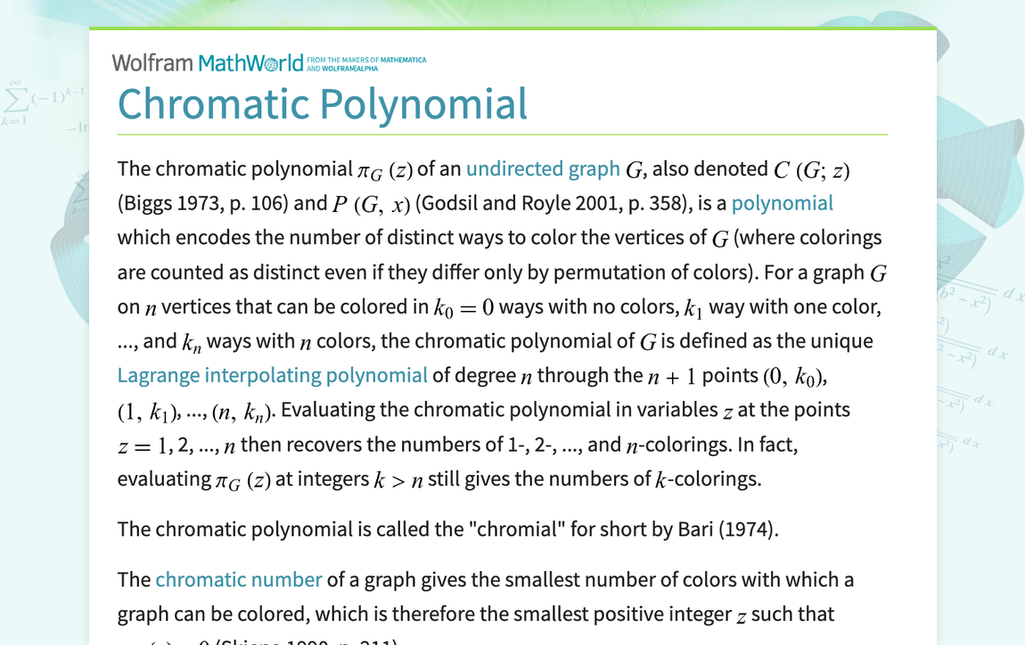 Chromatic Polynomial -- from Wolfram MathWorld