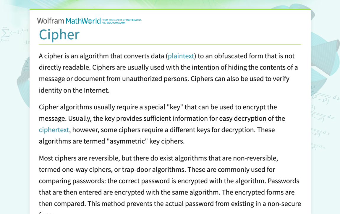 Cipher -- from Wolfram MathWorld