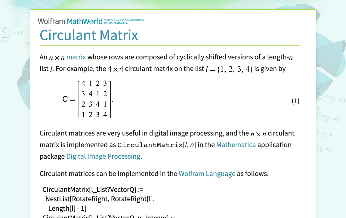Circulant Matrix -- from Wolfram MathWorld