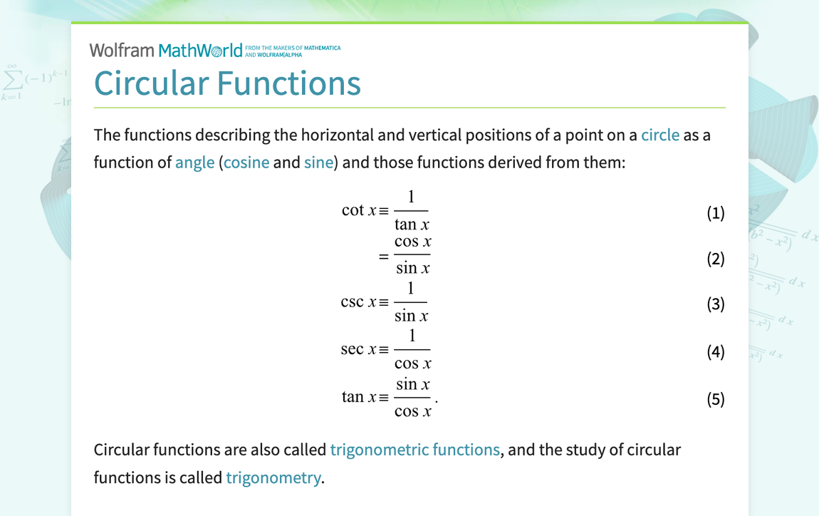 Circular Functions -- from Wolfram MathWorld