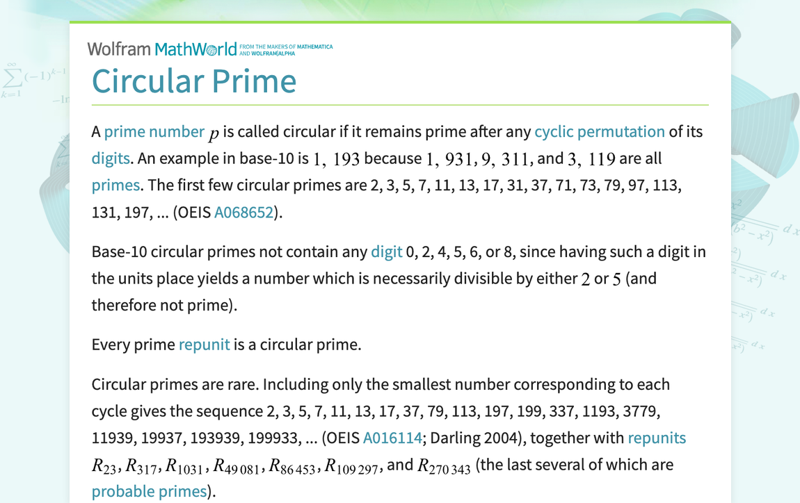 Circular Prime -- from Wolfram MathWorld
