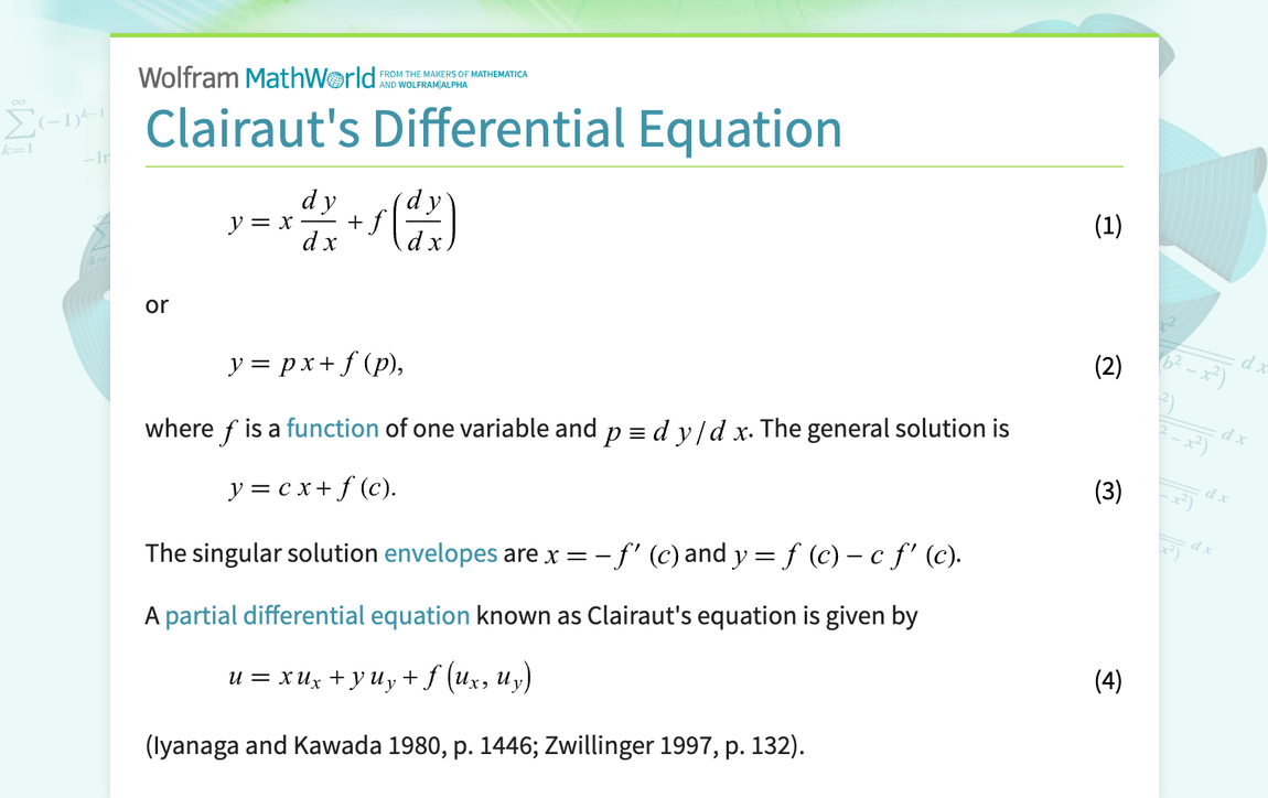 Clairaut's Differential Equation -- from Wolfram MathWorld