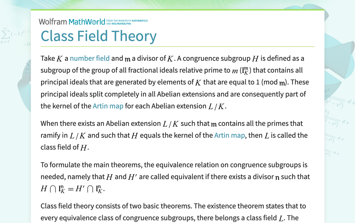 Class Field Theory -- from Wolfram MathWorld