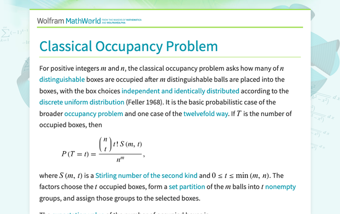 Classical Occupancy Problem -- from Wolfram MathWorld
