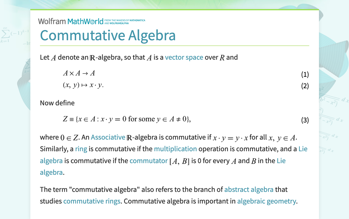 Commutative Algebra -- from Wolfram MathWorld