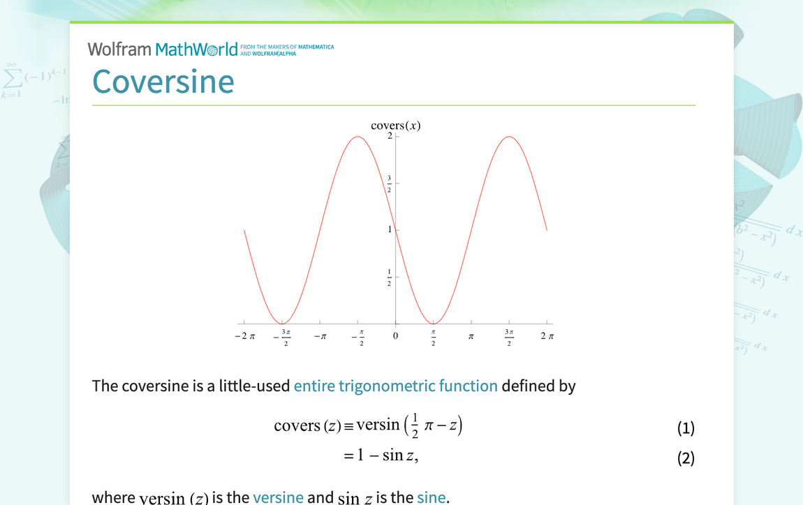 Coversine From Wolfram MathWorld