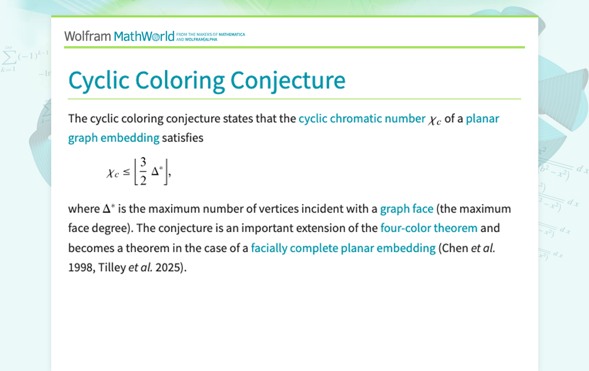 Topograpgy Math Question Cyclic Coloring Conjecture -- from Wolfram MathWorld