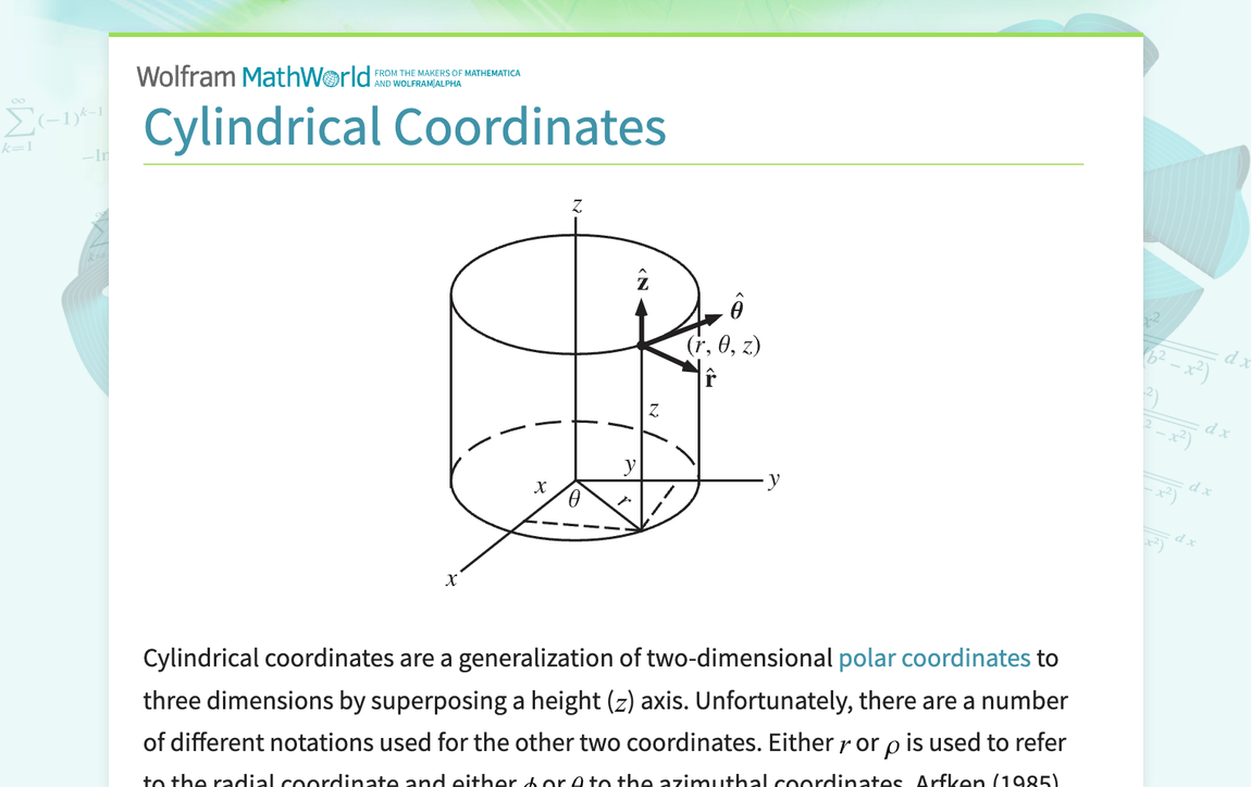 Cylindrical Coordinates -- from Wolfram MathWorld