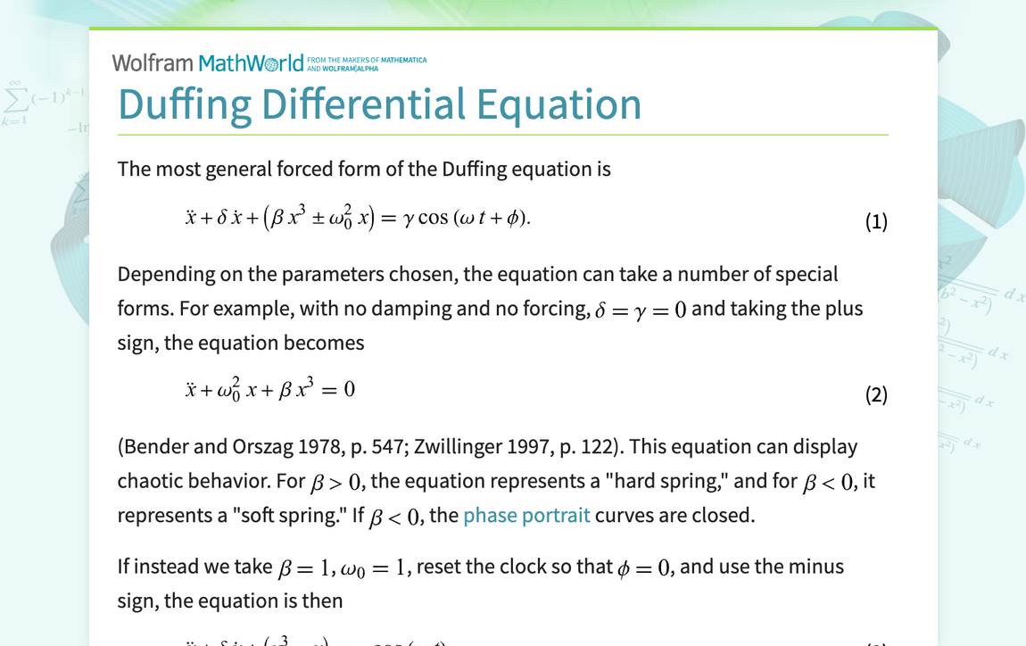 Duffing Differential Equation -- from Wolfram MathWorld