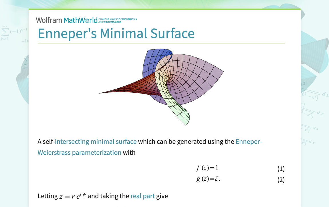 Enneper's Minimal Surface -- from Wolfram MathWorld