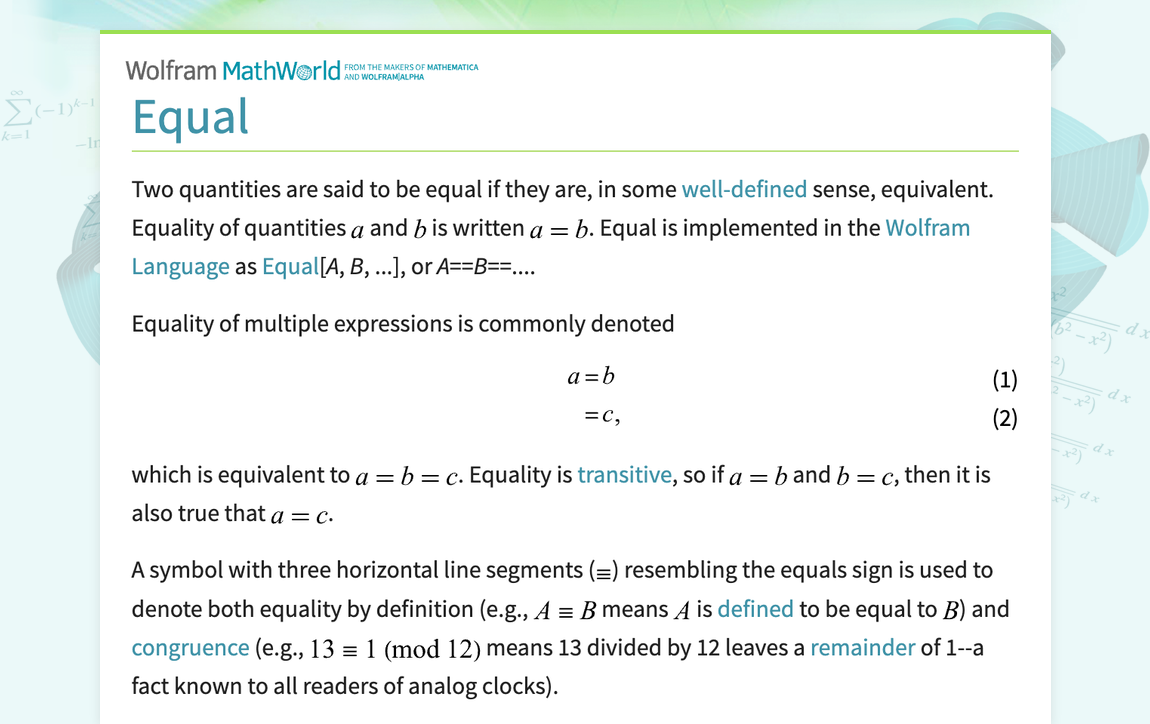 Equal -- from Wolfram MathWorld