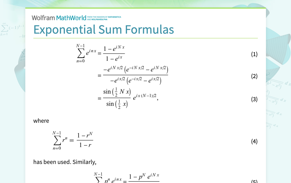 Exponential sum formulas from wolfram mathworld