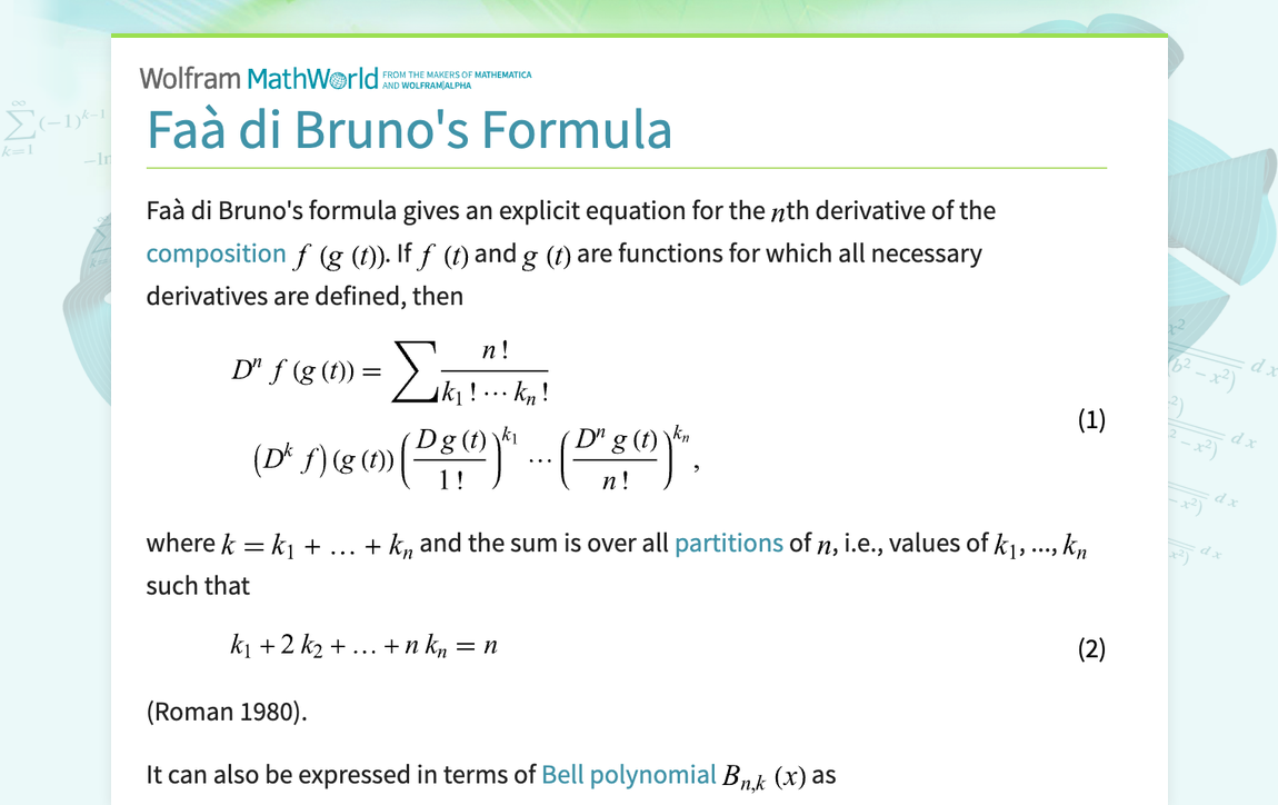 Faà di Bruno's Formula -- from Wolfram MathWorld