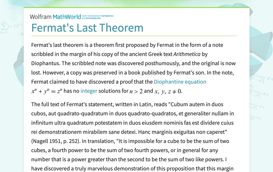 Fermat s Last Theorem From Wolfram MathWorld