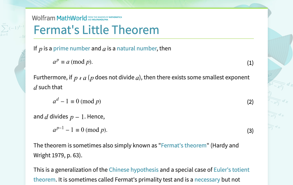 Fermat s Little Theorem From Wolfram MathWorld Fermat s Little Theorem From Wolfram MathWorld