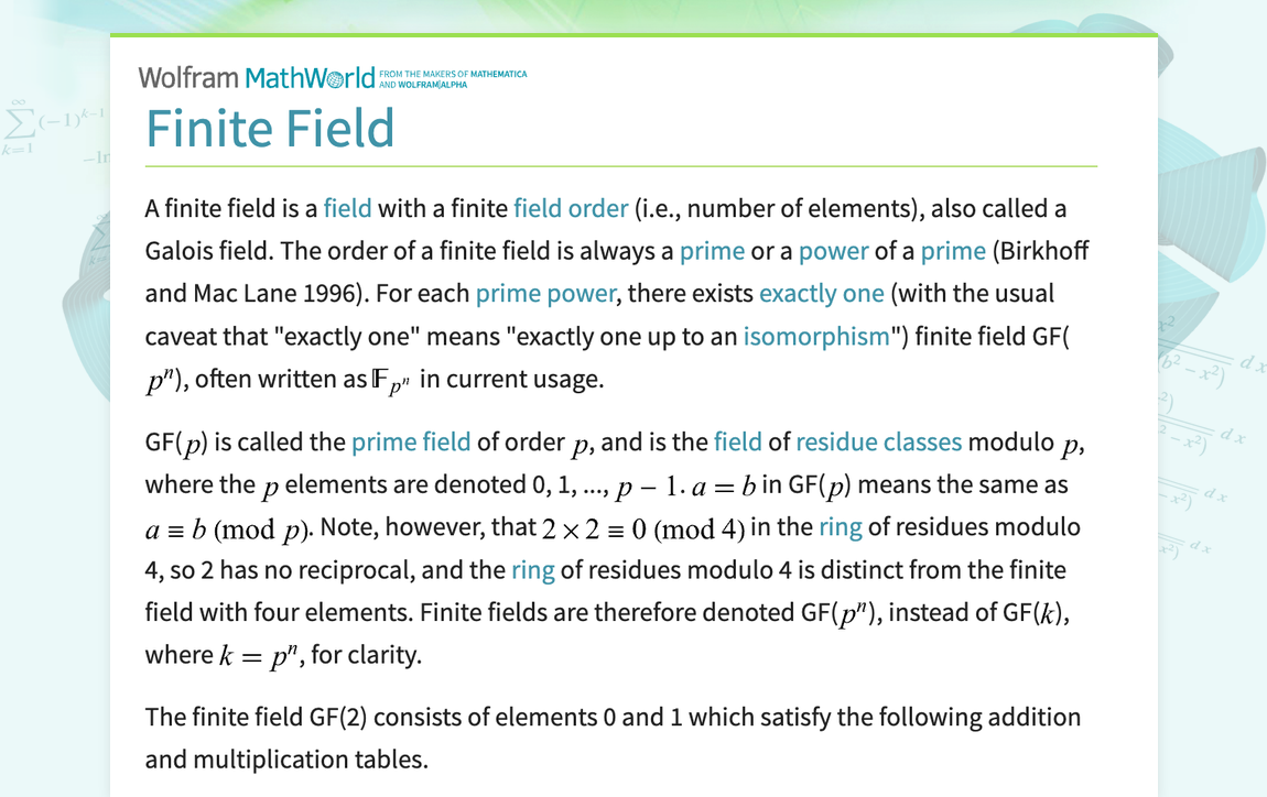 Finite Field From Wolfram Mathworld