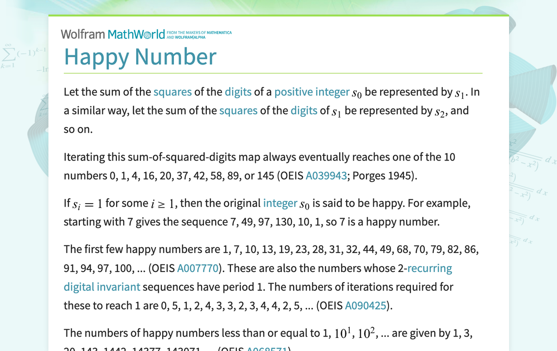 Happy Number -- from Wolfram MathWorld