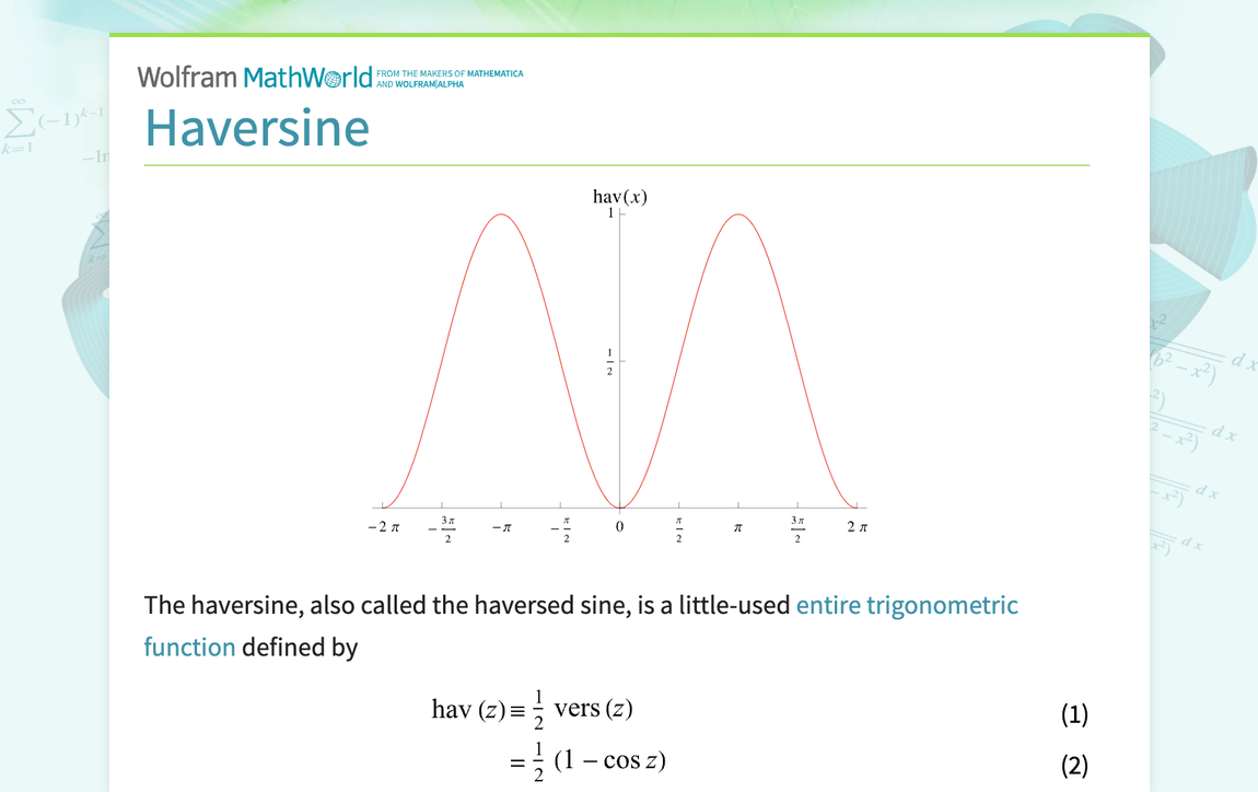 Haversine -- from Wolfram MathWorld