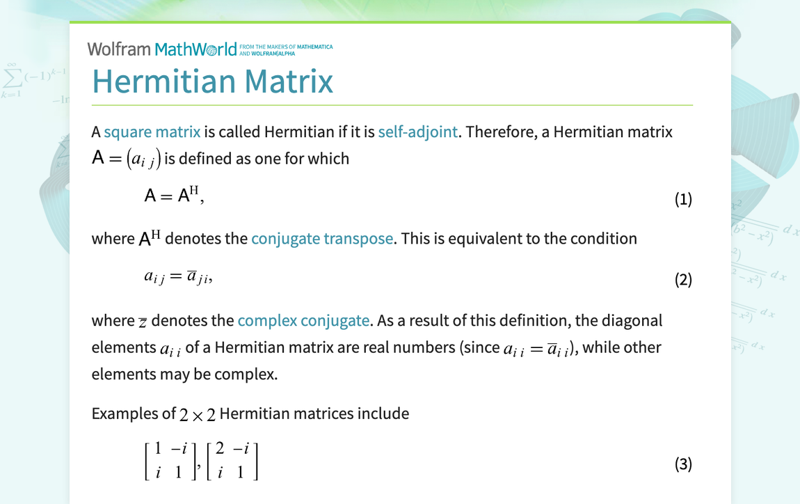 Hermitian Matrix -- from Wolfram MathWorld