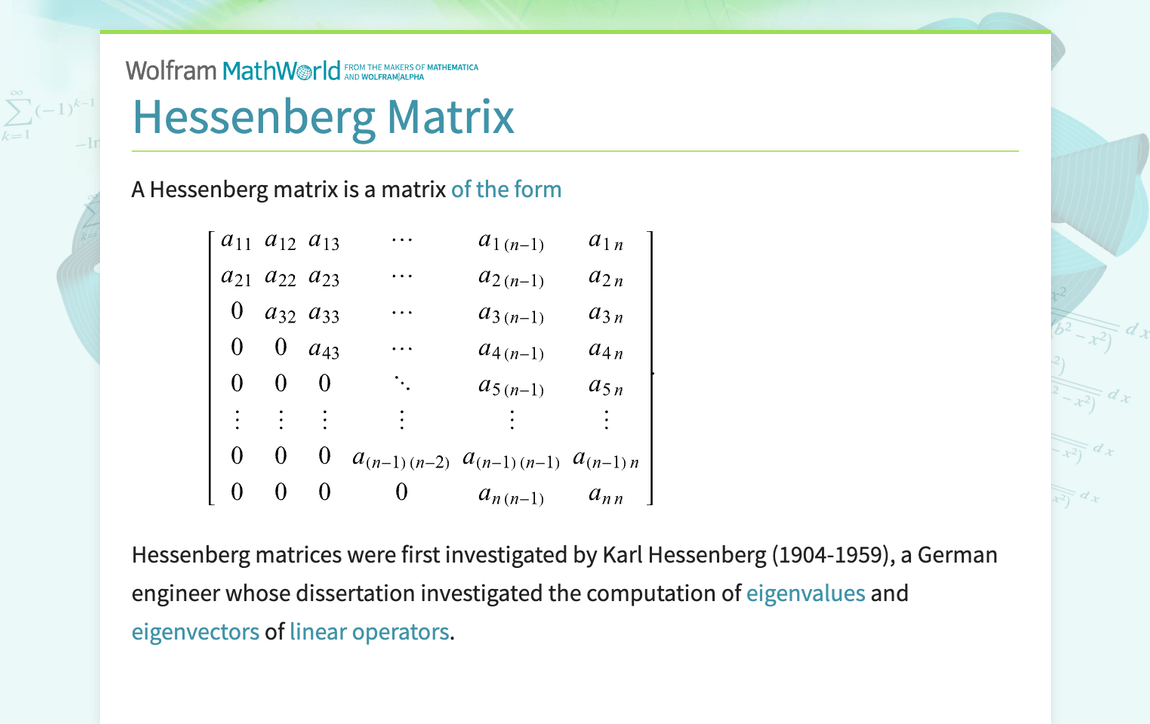 Hessenberg Matrix from Wolfram MathWorld