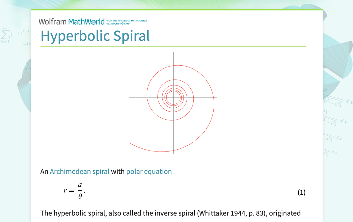 Hyperbolic Spiral -- from Wolfram MathWorld