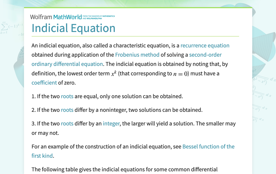 Indicial Equation -- from Wolfram MathWorld