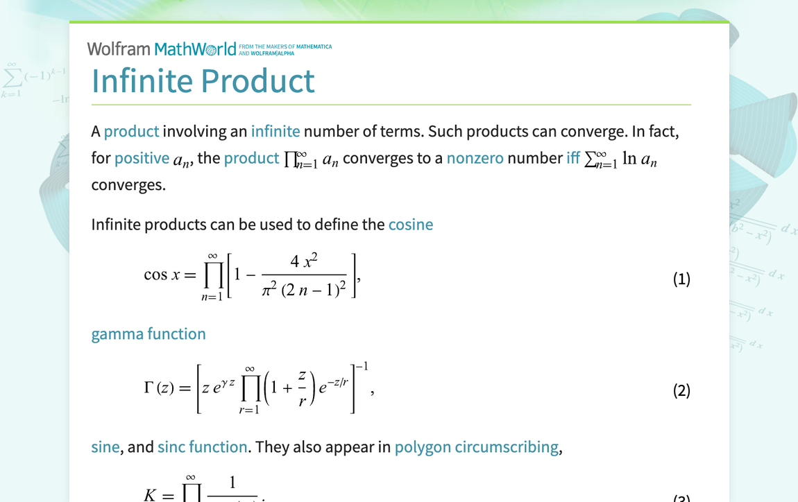 Infinite Product -- from Wolfram MathWorld