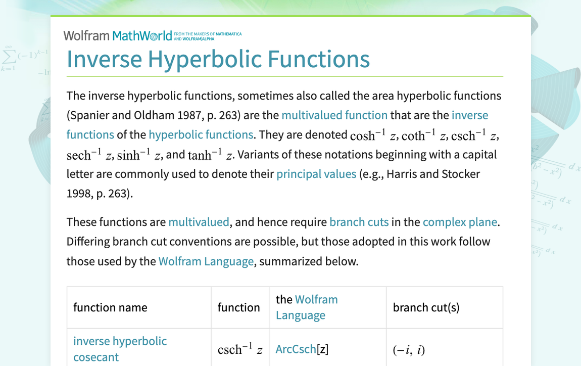 Inverse Hyperbolic Functions -- From Wolfram MathWorld